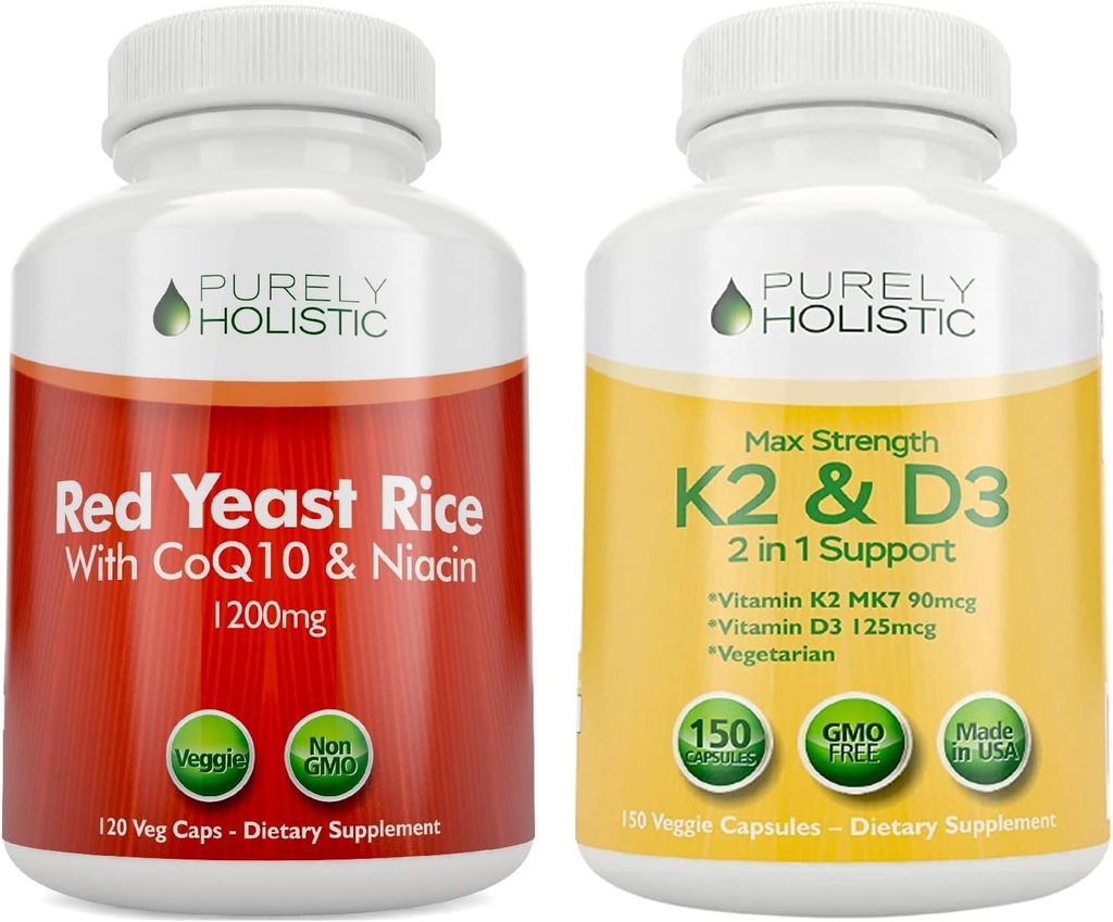 Riso rosso puro olistico 1200mg con CoQ10 & Niacin + Vitamina D3 5000 IU (125mcg) & K2 MK7 90mcg Bundle - 270 capsule vegetariane - Made in USA