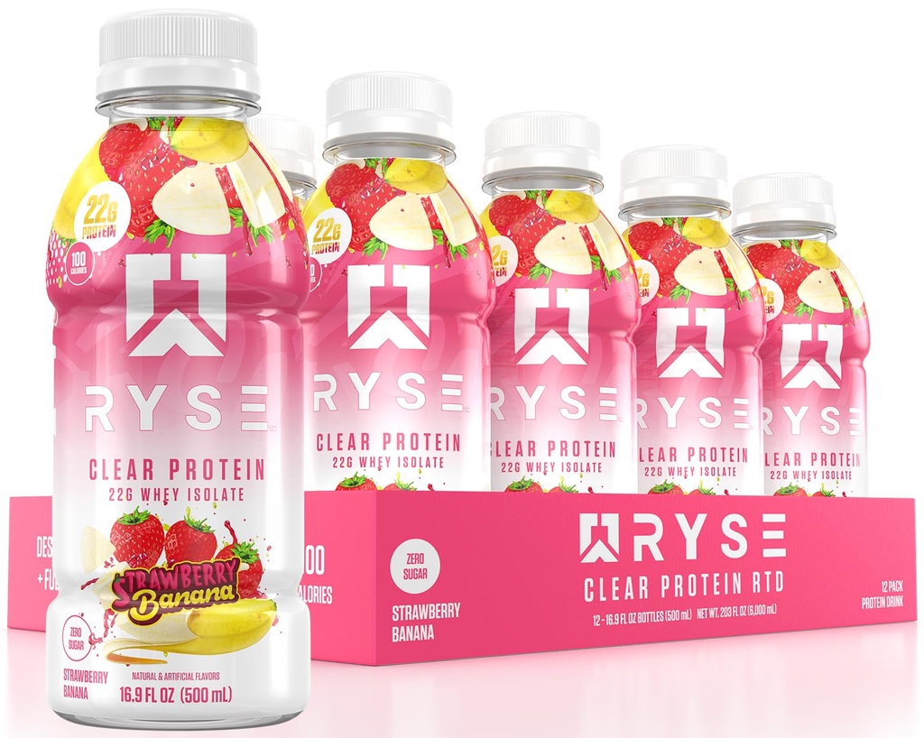 RYSE Clear Protein Drink - Strawberry Banana - 100 Calorie, 22g Whey Isolate Protein Shake, Sugar-Free, 0g Fat & Lactose-Free - Refreshing Ready-to-Drink Beverage - 16.9 fl oz Bottiglie (12-Pack)