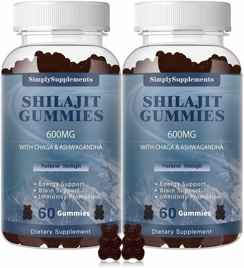 Shilajit Gummies 600mg, Shilajit Supplemento con Trace Minerals & Acido Fulvico per l'energia e l'immunità Supporto, Organic Shilajit Resina per uomini e donne, Vegan, 60 Gummies (2 Confezione)