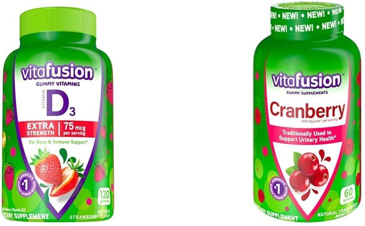 Vitafusion Extra Forza Vitamina D3 Gomma Fragola Aromaed Bone & Supporto Immune (120 Conte) + Gummie di mirtillo per il supporto sanitario urinario delle donne (60 Conte)