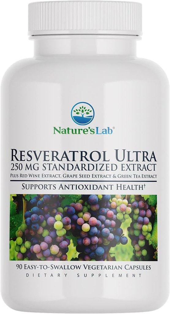 Resveratrolo di laboratorio della natura Ultra - Supplemento antiossidante* - 250 mg Trans-Resveratrolo, Estratto di vino rosso, Estratto di tè verde- Non OGM, Senza glutine, Vegan – 90 conteggio (3 mesi di fornitura)