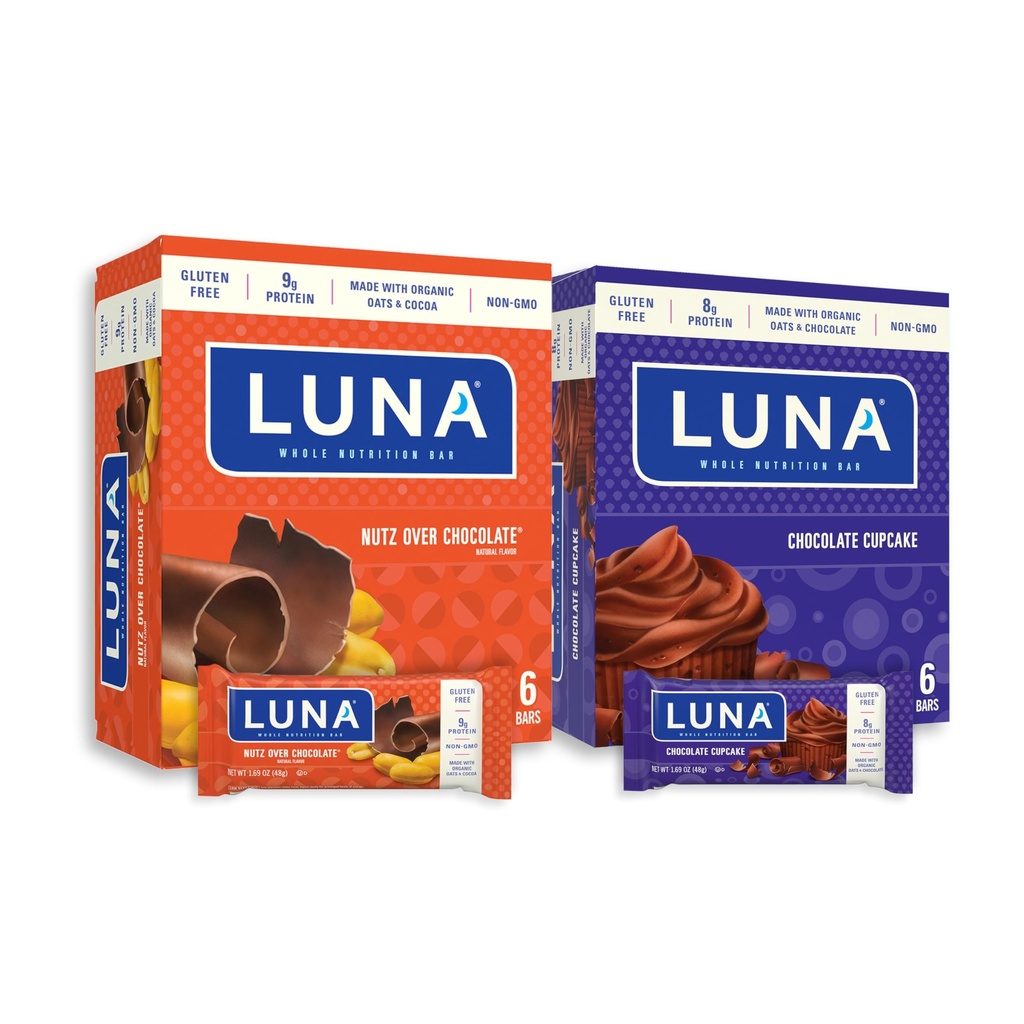 LUNA Bar - Variety Pack - Nutz Over Chocolate e Chocolate Cupcake Flavor - Snack Bars - Non-GMO - Barre proteiche senza glutine - Realizzate con avena biologica (12 Pack, 2 scatole)