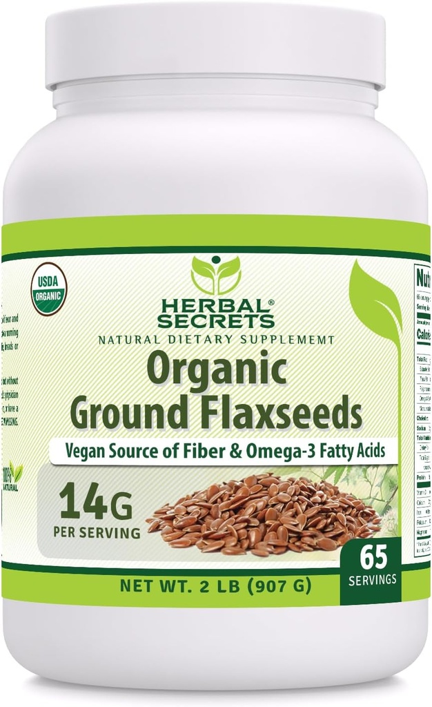 Herbal Secrets USDA Organic Ground Flaxseeds 2 Lbs Powder | 14 Grammi Per Serving | 65 Serve | Eccellente Vegan Fonte di Fiber & Omega -3 Grassty Acids | Non-GMO (2 Lb | 1 Pack)