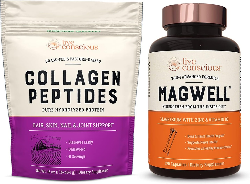 Peptidi di collagene vivi e magnesio Zinco & Vitamina D3 | Capelli, Pelle, Unghie e Supporto congiunto + Bone & Heart Health, Supporto di sistema immunitario