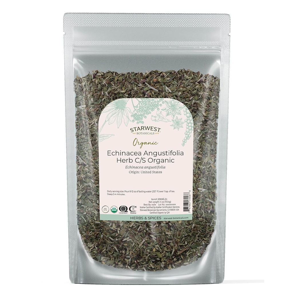 Botanici stellari Dried Echinacea Angustifolia Organic - Leaf Herb Loose per Tea, Tinctures, & Natural Herbal Blends, Cut & Sifted, Certified Kosher, Non-GMO - 4 oz Pouch