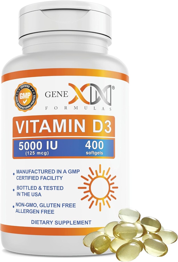 Genex Formulas Vitamin D3 5000IU (400 Softgels) Supporto naturale per la funzione Bone Health & Nerve - Non-GMO, senza glutine, senza allergeni