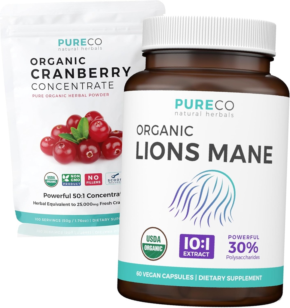 Polvere di mirtillo & Lions Mane (1-mese di alimentazione) Bundle di mirtillo Mindful della polvere di concentrato di mirtillo organico 50:1 estratto (100 Scoops) & Organic Lions Mushroom 10:1 estratto (60 caps)