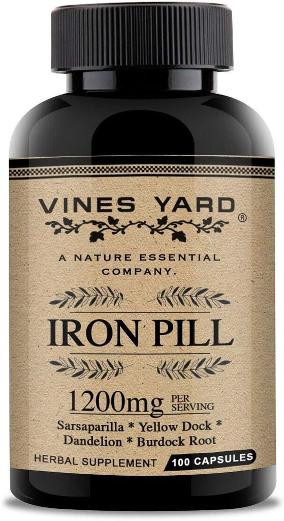 Integratori di ferro | Pillole naturali di ferro a base di erbe | Sarsaparilla organico, Dandelion, Burdock Root & Yellowdock Capsule 1200mg | 100 Pack