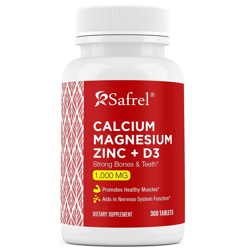 Zinco di Magnesio di Calcio Safrel con Vitamina D3, 300 compresse - Calcio 1000 mg, Magnesio 400 mg, Zinc 20 mg & D3 600 IU per Serving