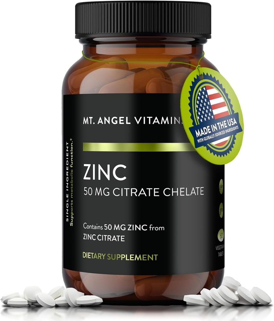 Mt. Vitamine Angelo - Citrato di zinco 50mg - Zinc 50 mg Citrato Chelato - Integratori naturali di zinco Made in USA - 60 Compresse vegetariane