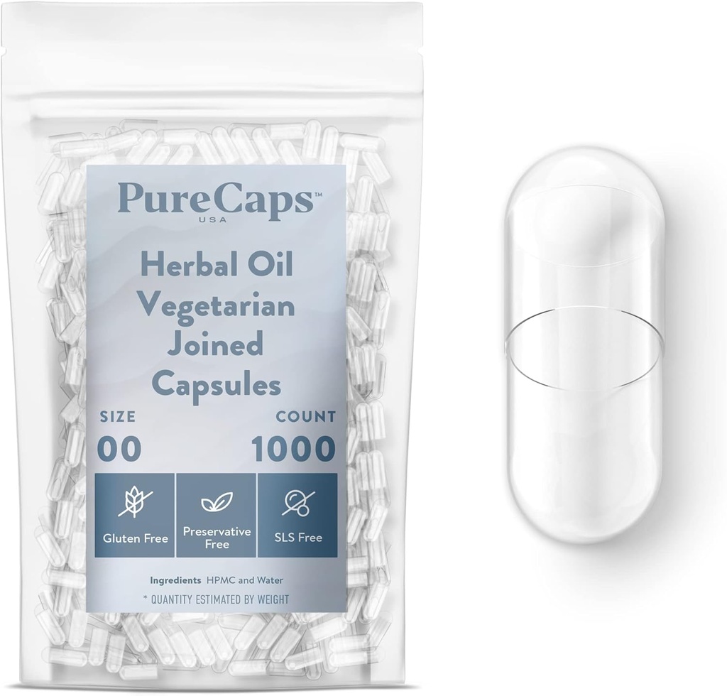 Purecaps USA - Empty Herbal Oil Vegetariano Vegan Pillole Capsule Dimensioni 00| 1.000 Pillole associate| Clear| Non-GMO Certified| SLS, Gluten, Preservative Free