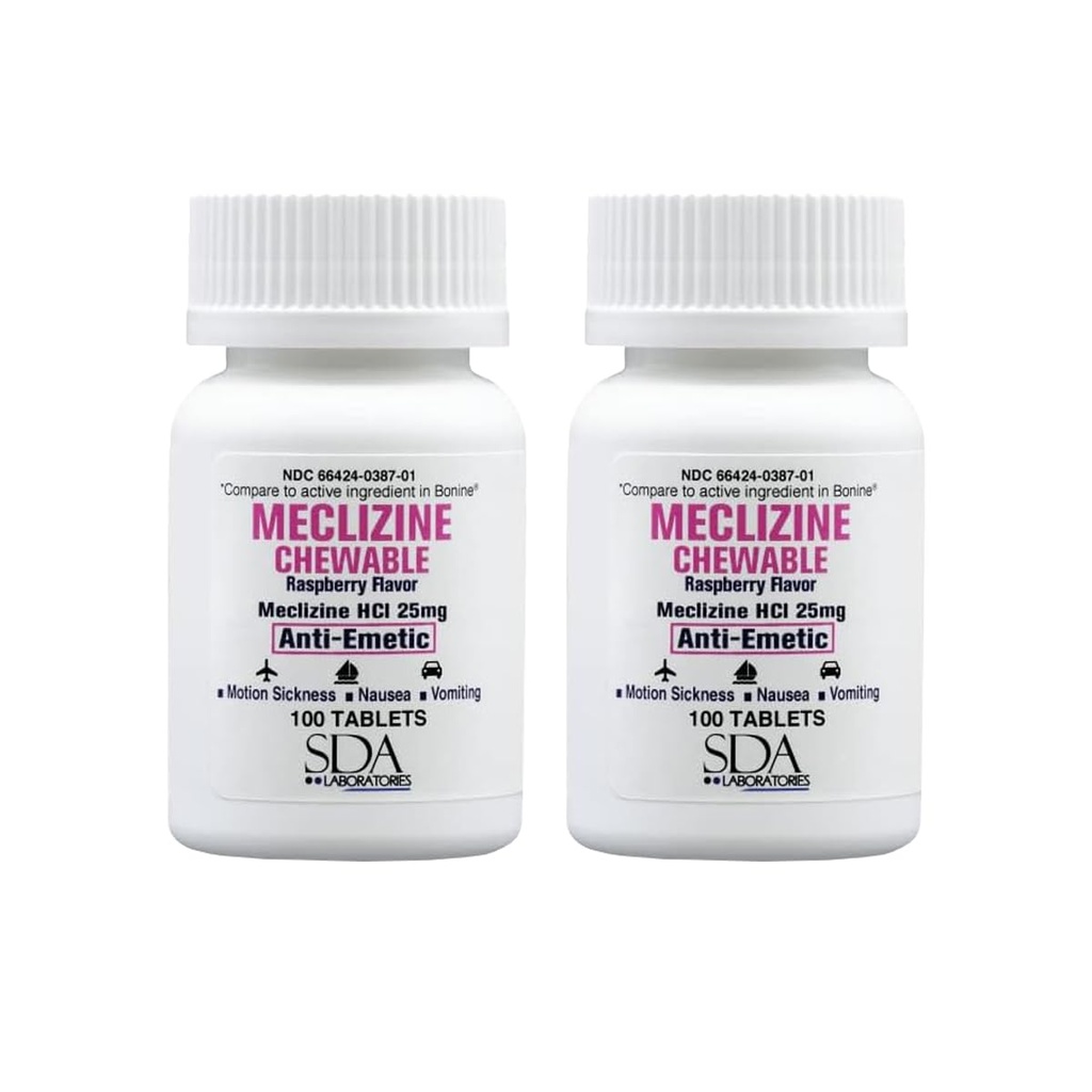 SDA LABORATORIES Meclizine 25mg Chewable Tablets, Anti-Emetic, Raspberry Flavor, Motion Sickness & Vertigo Rilievo per Nausea, Dizziness, Vomiting, Portable Travel Aid (2 Bottiglie di 100 Conte)