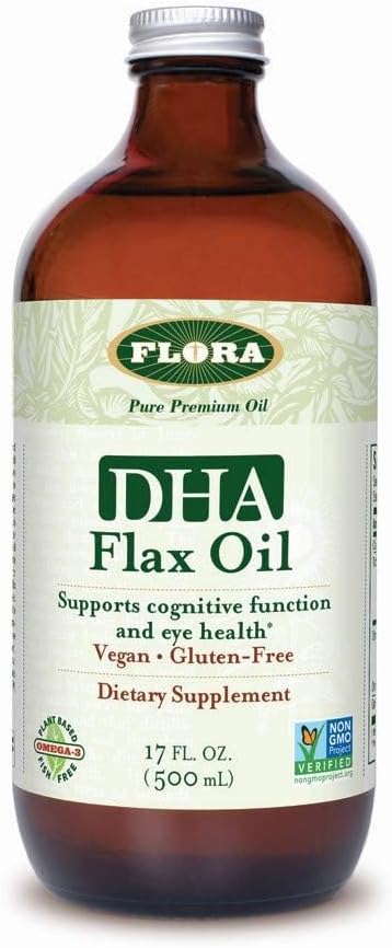 Flora DHA Flax olio - Supporta la salute del cervello - Contiene Vegan Omega-3-6-9, senza glutine, Kosher & Non-GMO - Tenere Chilled - Bottiglia di vetro - 17 fl. oz.
