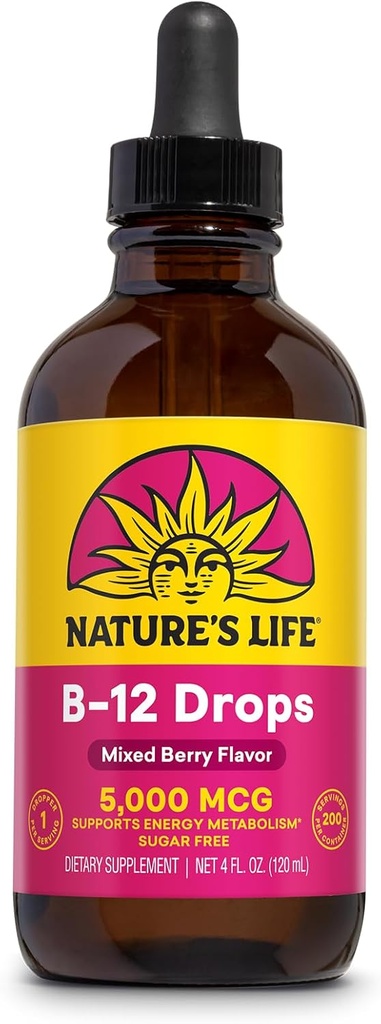 Natura B12 Gocce 5000 mcg - Vitamina B12 Methylcobalamin - Liquido B12 Supplemento per Metabolismo Energetico, Nerve Funzione e Red Blood Cell Support Natural Mixed Berry, Sugar Free (200 Serv, 4oz)