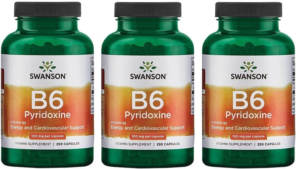 Swanson B6 Pyridoxine - Integratore di vitamina Promuovere il metabolismo della salute e dell'energia cardiovascolare - Formula naturale Promuovere il benessere generale - (250 capsule, 100mg ogni) 3 Pack