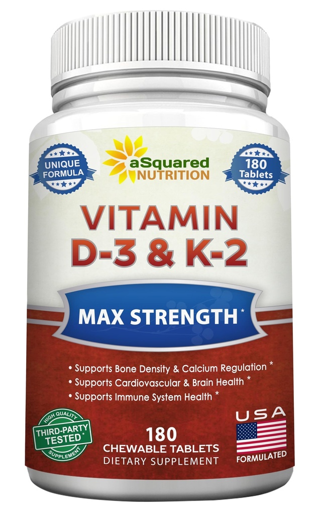 aSquared Nutrition Vitamin D3 con K2 Supplement-180 Compresse masticabili, Max Strength D-3 Cholecalciferol & K-2 MK7 per sostenere le ossa sane, denti, cuore -antiossidante D3 & K2 MK-7 Energy Formula Adulti