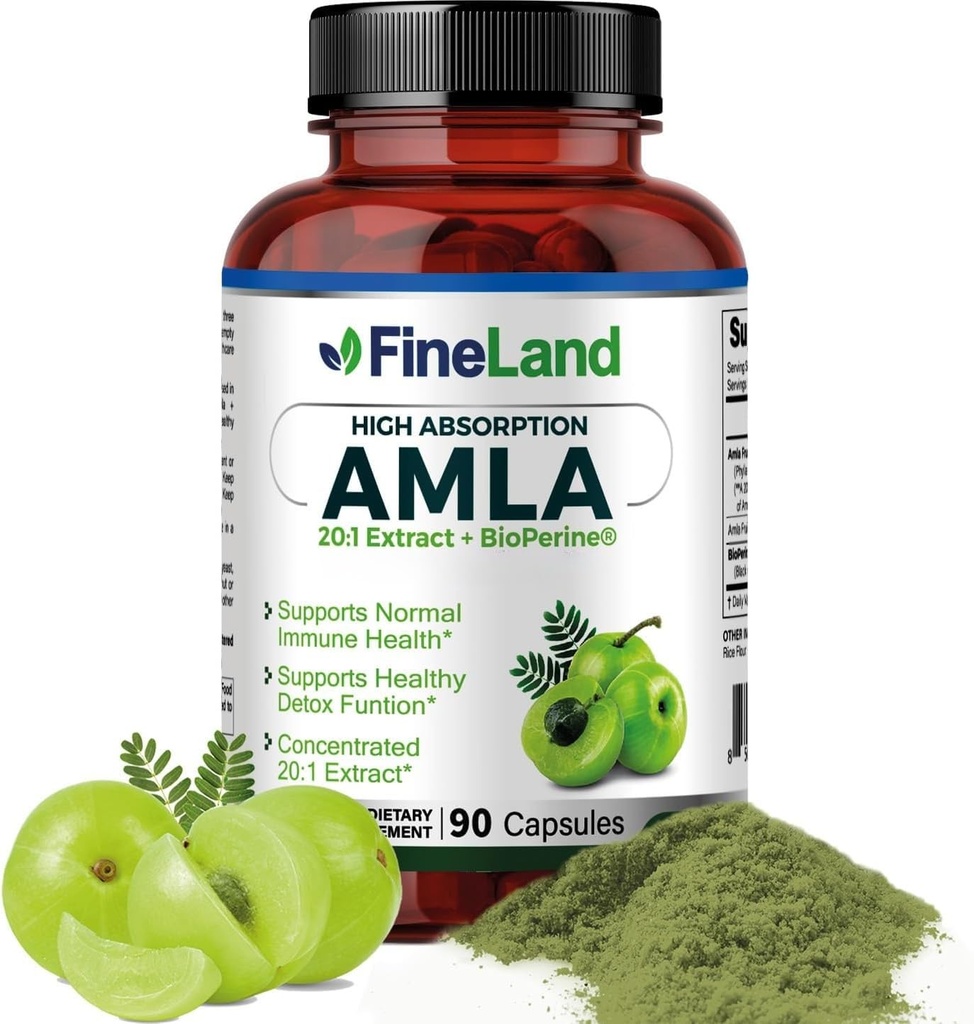 FineLand Amla (Indian Gooseberry) Full Spectrum Extract with BioPerine® for Absorption, Rich in Natural Vitamin C, Immune & Digestive Support – 90 Vegan Capsules