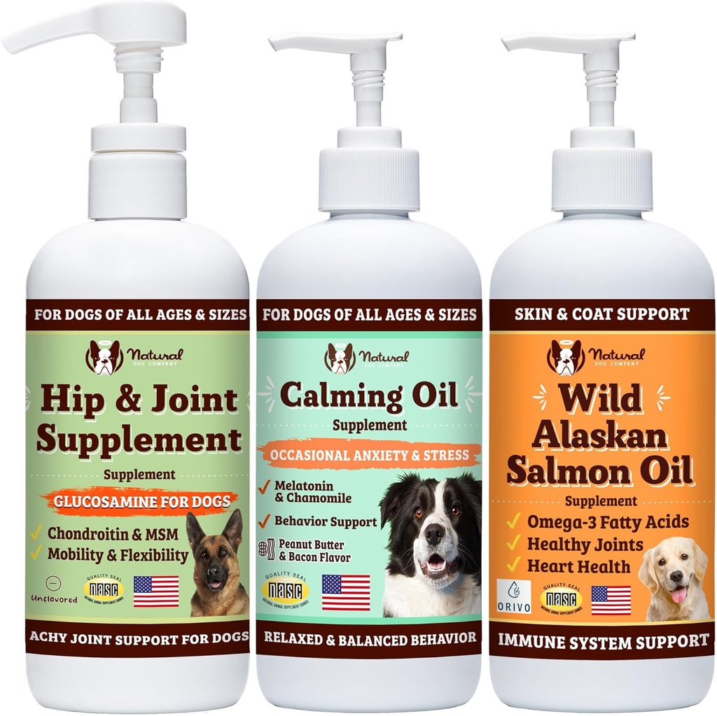 Natural Dog Company Wellness Bundle Food Oil Toppers Compreso (1) Wild Alaskan Salmon Oil, (1) Liquid Glucosamine, (1) Olio calmante