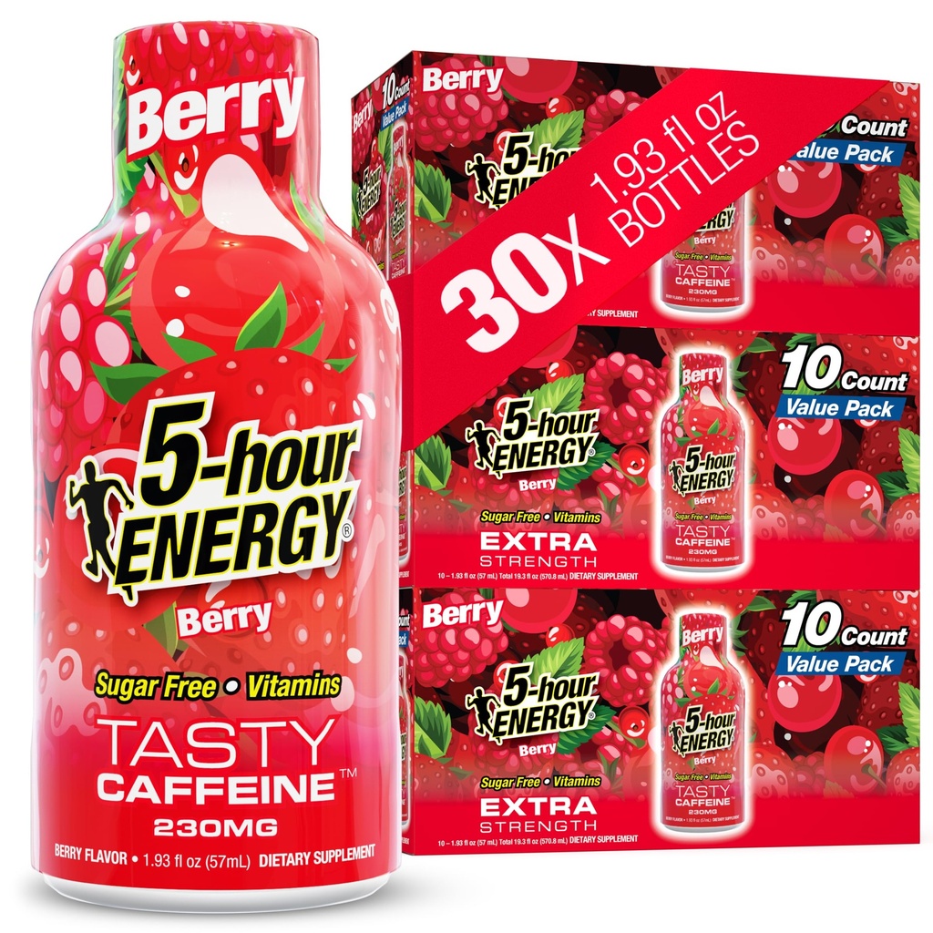5 ore di ENERGIA Shots Extra Forza, Aroma di bacche, 30 conte, 1.93 Fl Oz, Zucchero Libero, Calorie Zero, Aminoacidi e Vitamine B essenziali, Supplemento dietetico, Feel Alert ed Energized, 230 mg Caffeina