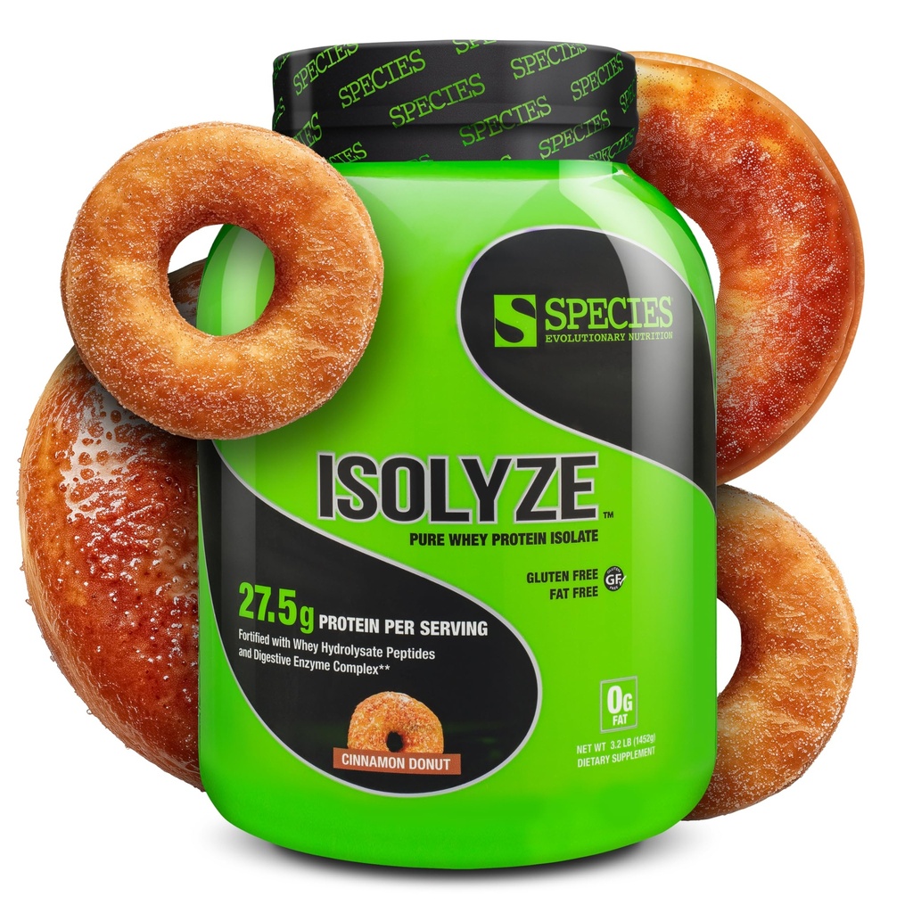 Specie Nutrition Isolyze Whey Protein Powder, 100% Whey Isolate for Muscle Building, 27.5g Protein Per Scoop, No Sugar & Low Fat (Cinnamon Donut, 44 Servings)