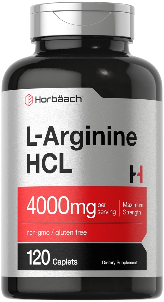 Horbäach L-Arginina HCL 4000mg | 120 Caplets | Aminoacido per gli uomini e le donne | Nitric Oxide Supplemento | Vegetariano, Non OGM, Gluten Free Supplement