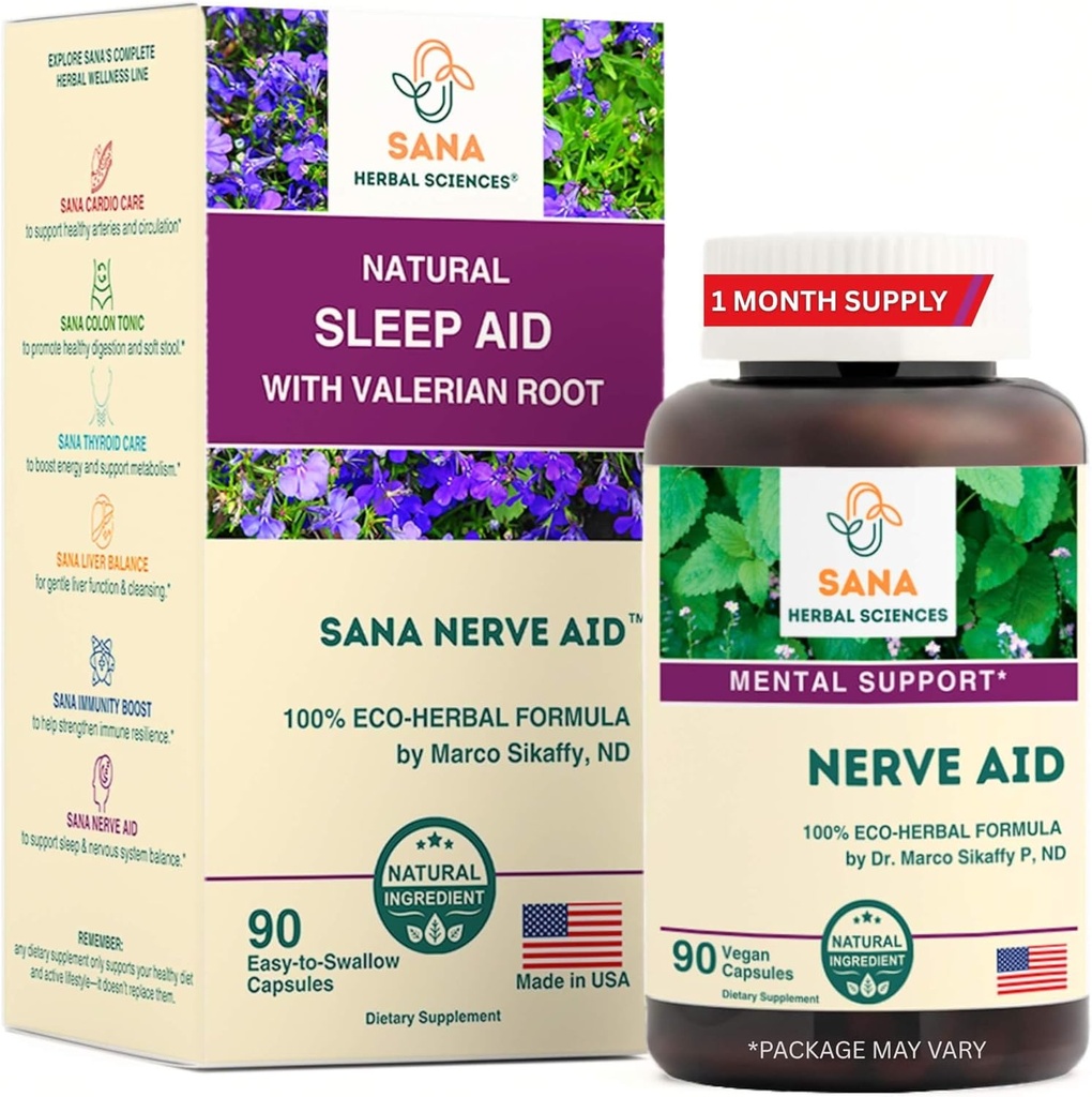 Valerian Root Natural Sleep Aid Formula per Adulti con Organic Skullcap, Lobelia & More - 90 Capsules - by Dr. Marco Sikaffy | Sana Herbal