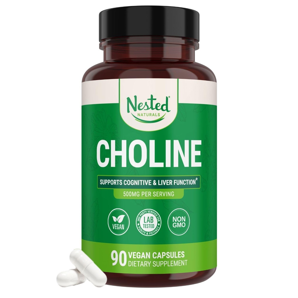 Nested Naturals Choline Bitartrate 500mg - Integratori di colina ad alta potenza - Supporta le prestazioni cognitive e la funzione del fegato - 100% Vegan & Non-GMO Choline - 90 capsule vegane
