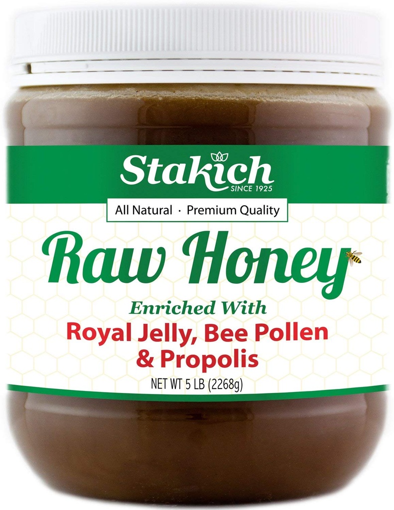 Stakich Royal Jelly, Bee Pollen, Propolis Arricchito miele crudo - Pure, Unprocessed, Unheated - 5 Pound (80 Ounce)