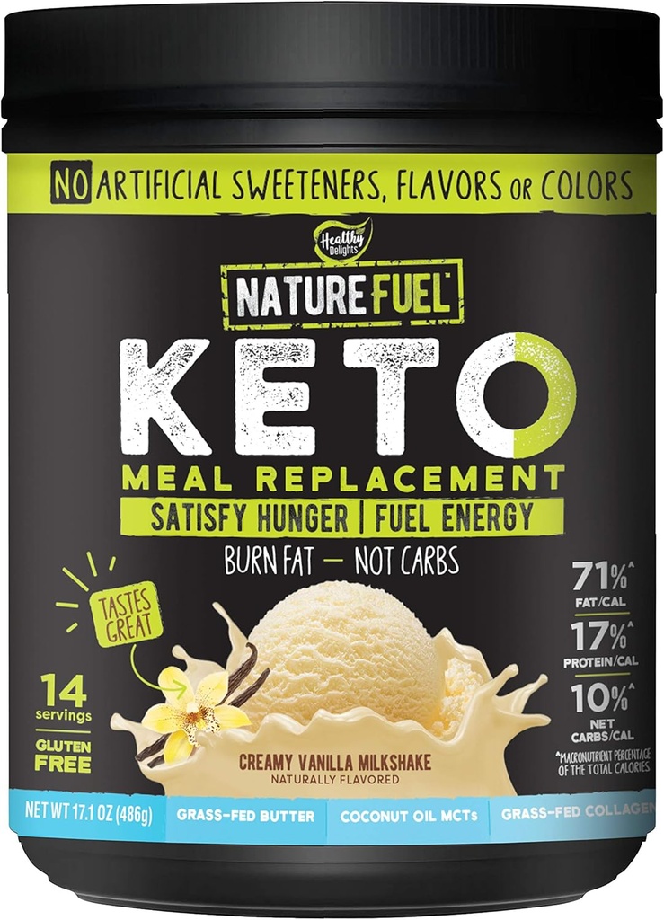 Natura Carburante Keto Meal Sostituzione Polvere - Gluten Free con olio di cocco MCT e burro a base di erba - Crema Vanilla Milkshake - 14 Servings - Pantry Friendly, 17.1 Fl Oz