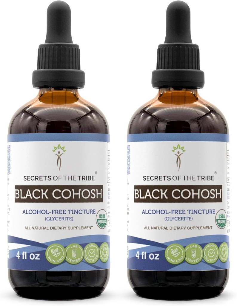 Segreti della Tribe Black Cohosh USDA Organic | Estratto privo di alcol, Gocce di erbe ad alta potenza | Realizzato in Cohosh organico nero 100% certificato (Cimicifuga Racemosa) Dried Root 2x4 oz