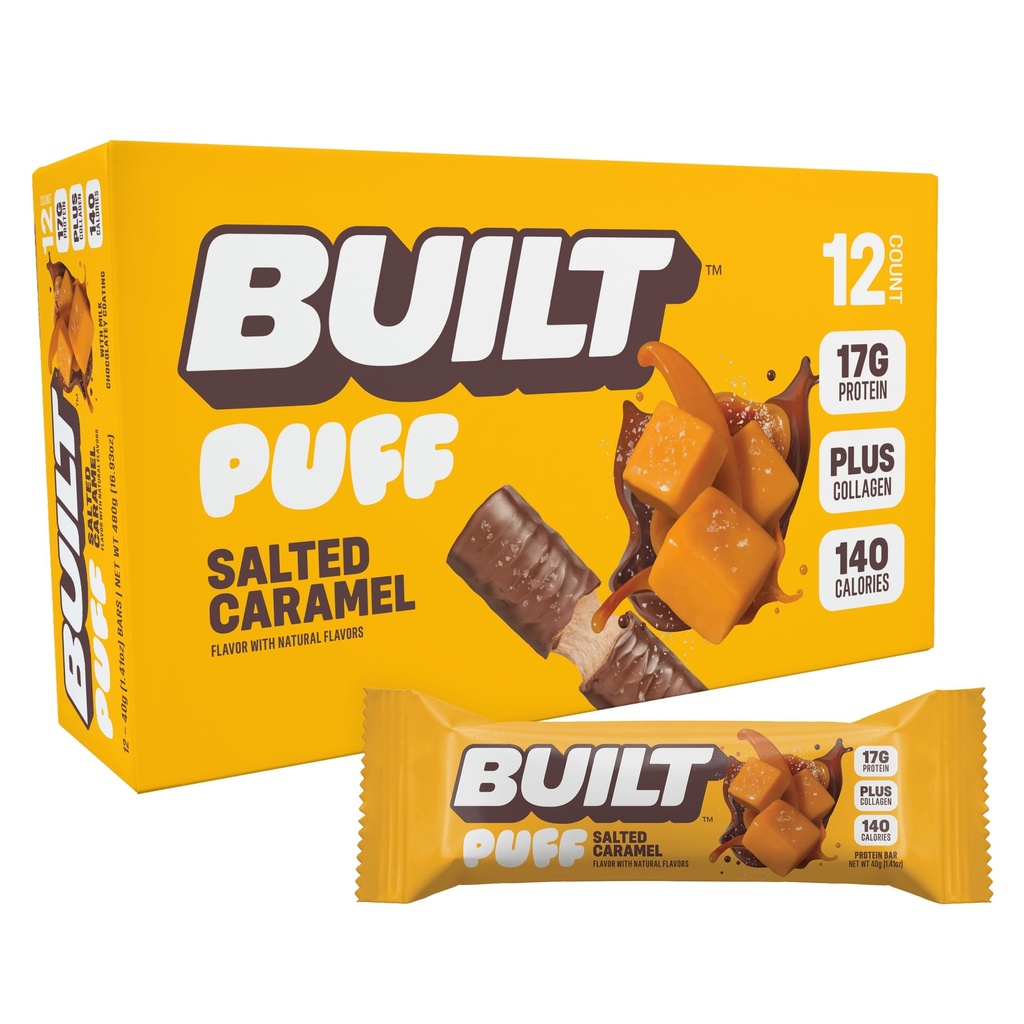 Bar costruito, Barre di proteine di Puff, Puff di Caramel salato, 17g snack proteici, Barre On-The-Go, Solo 140 calorie, 6g zucchero, collagene, senza glutine, 12 conte