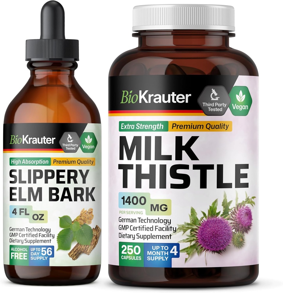 BIO KRAUTER Slippery Elm Tincture 4 Fl. Oz. & Milk Thistle 250 capsule