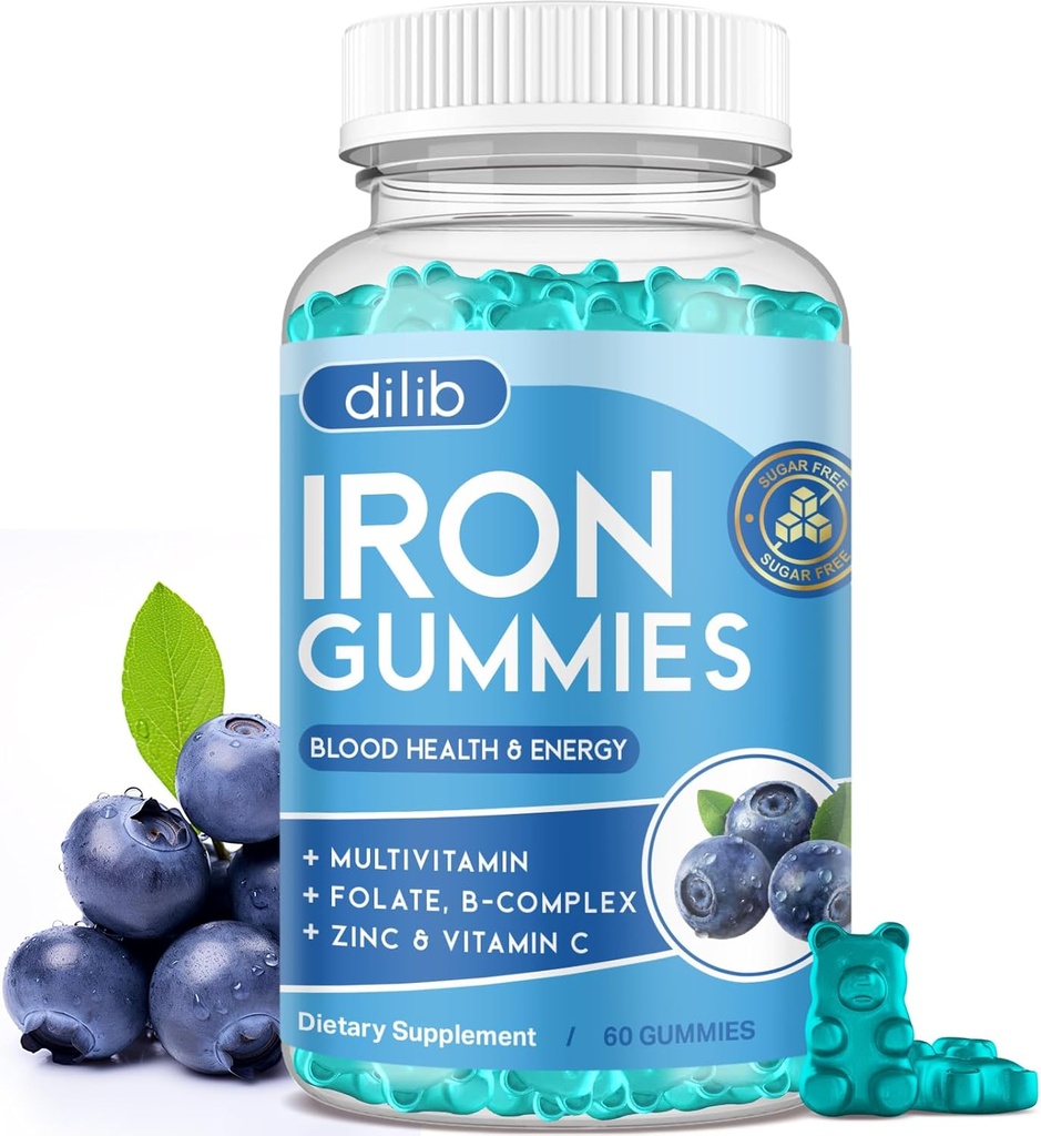 Gummie di ferro con Multivitamin, Supplemento di ferro per le donne e gli uomini con zinco, Vitamina B Complex & C, B12, Folate - Blood Builder & Energy Support per adulti e bambini - Blueberry Flavor, Vegan 60 Gummies