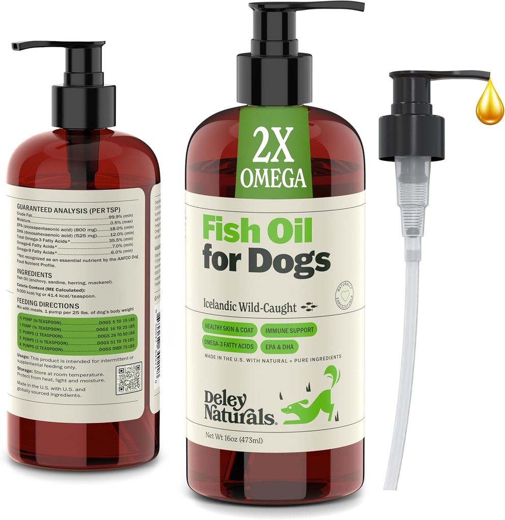 Deley Naturals Pesce Olio Islandese 2X Omega - Dog Itching Skin Relief con Omega 3 6 9 per Allergies, Cappotto e Cuore - Omega 3 Fish Oil per Cani Pelle Irritazione - 16oz Omega olio per cani Made in USA