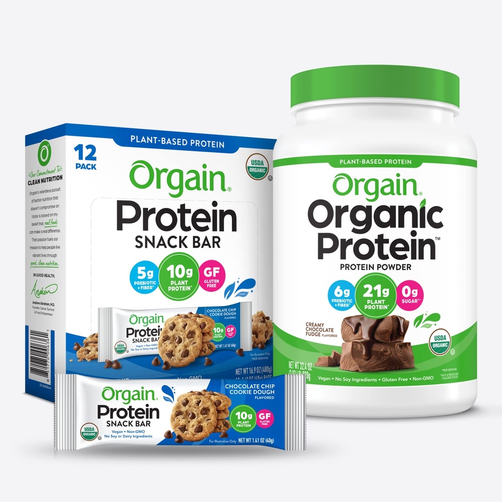 Orgain Organic Vegan Protein Powder and Protein Bars Bundle (2.03lb + 12 conte)