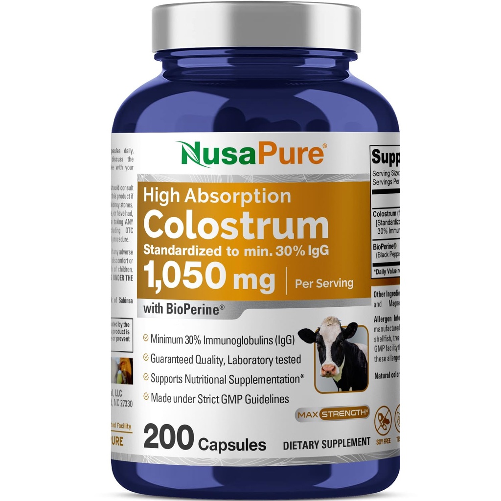 NusaPure Colostrum 1050mg 30% IgG 200 capsule (Non OGM, Soyfree) Bioperine