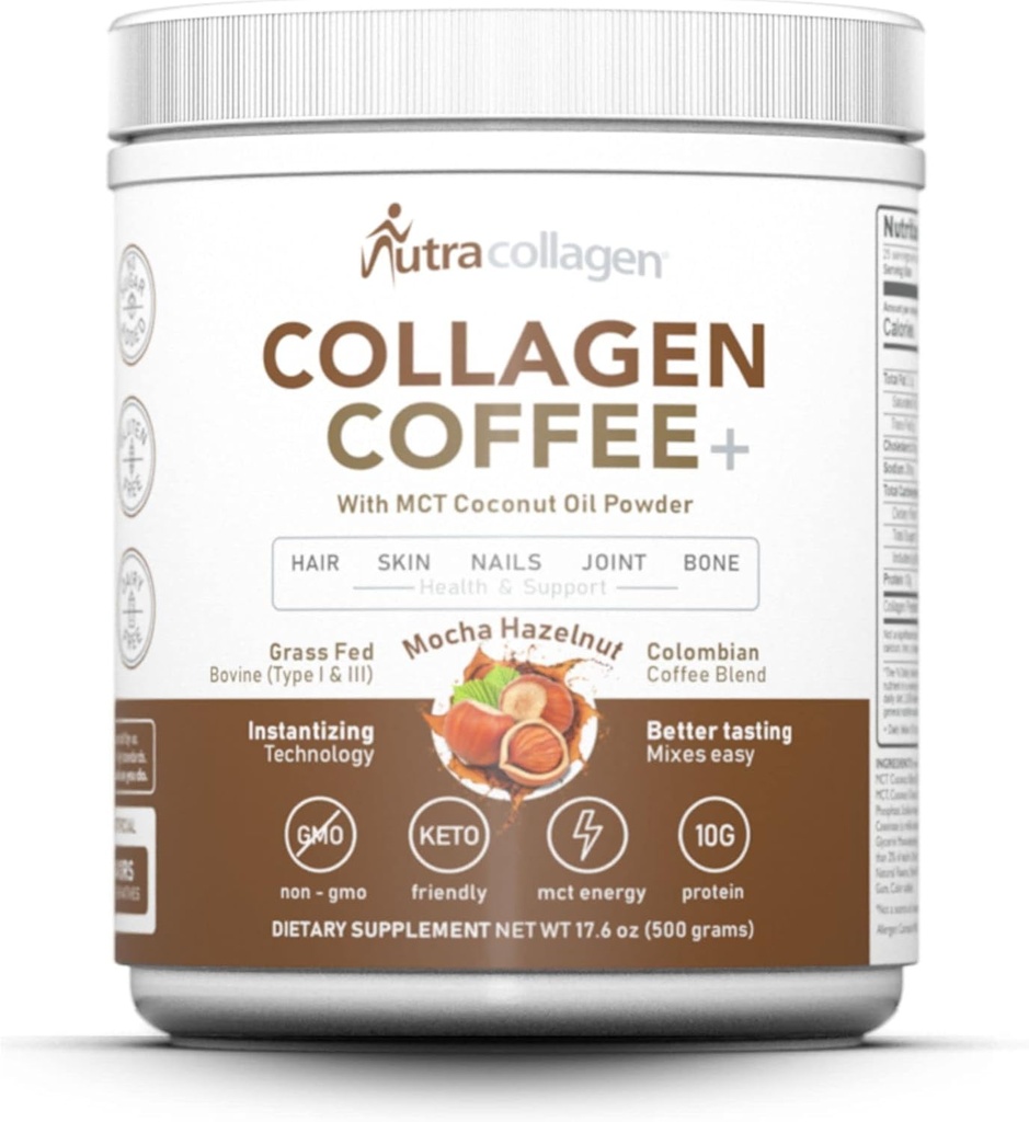 Polvere di peptide NUTRACOLLAGEN con il caffè colombiano Premium; erba-Fed; Keto Friendly, MCT olio di cocco polvere, soia libera, senza glutine, senza zucchero, 40 mg di caffeina/SVG; Mocha nocciola 25 Servings