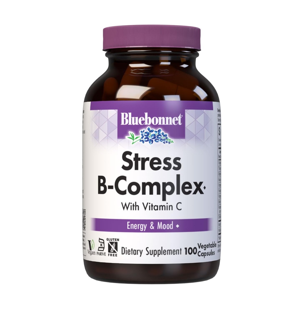 Bluebonnet Nutrition Stress Relief B Complex Capsule vegetali, Vitamina B6, B12, Biotina, Folate, Vegan, Gluten & Soy & Milk Free, Kosher, Unflavored, 100 Count