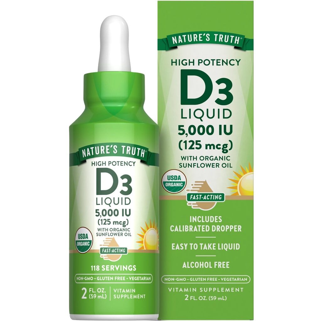 Vitamina D3 Liquida di Verità della Natura | 5000 IU | 2 fl oz | Supplemento gratuito Non OGM e Gluten