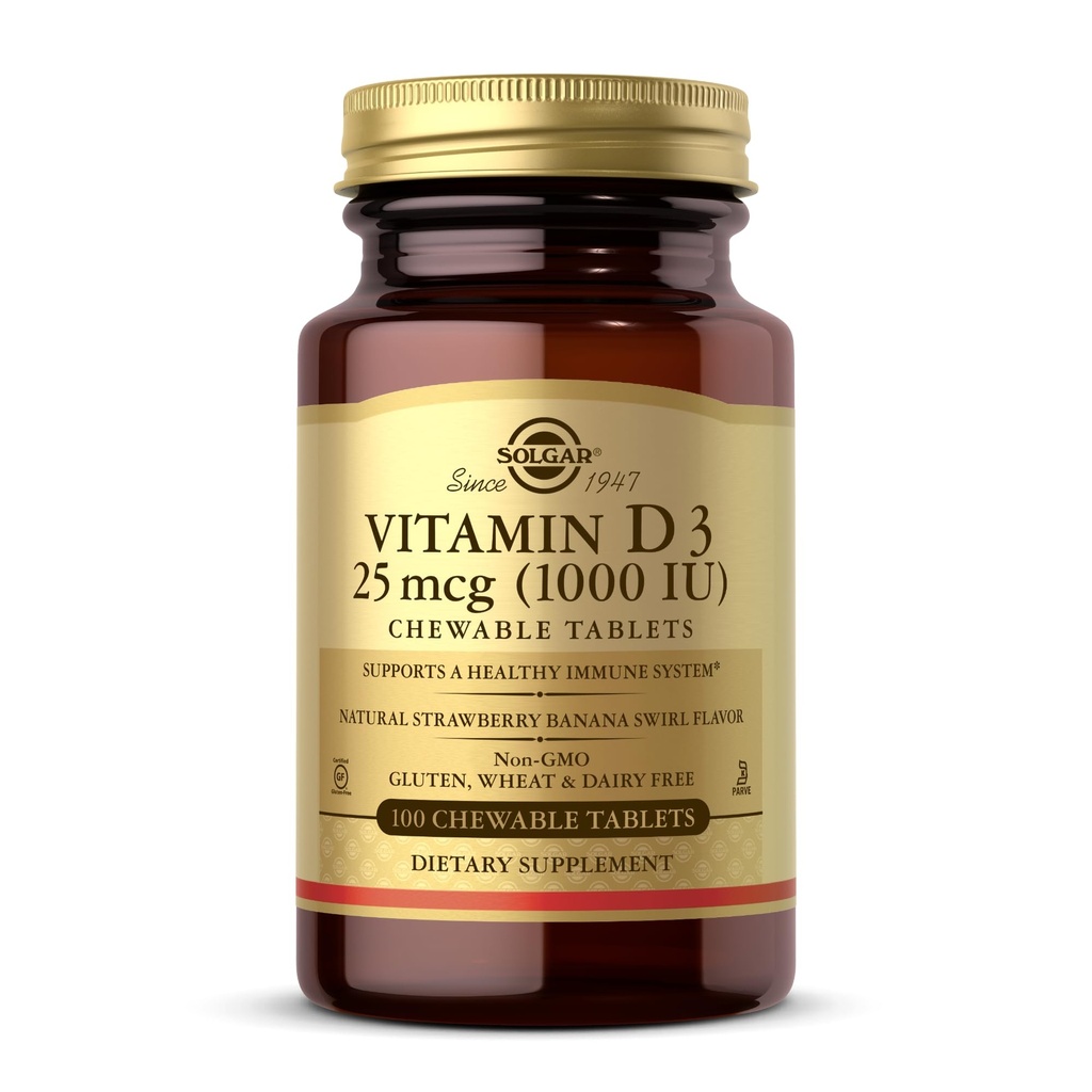 Solgar Vitamin D3 (Cholecalciferol) 25 mcg (1000 IU), Natural Strawberry Banana Swirl - 100 Chewable Tablets - Non OGM, Kosher - 100 Serve