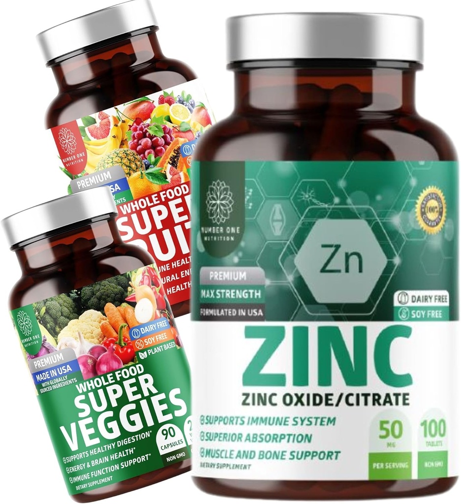 N1N Premium Super Fruits & Veggies Supplement [40 Whole Foods, Aloe Vera, Vitamine] e Zinc 50mg [3X Absorption], 2 Pack Bundle