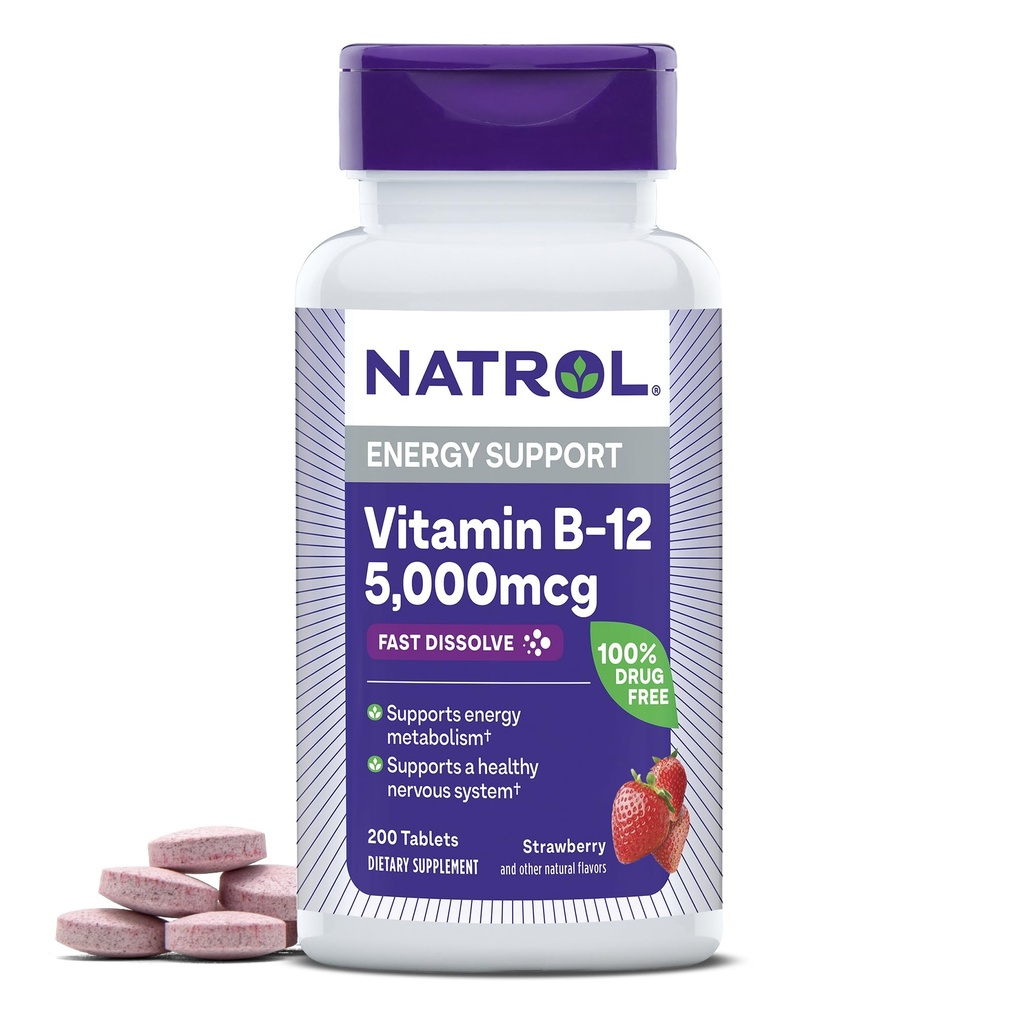 Natrol Vitamina B12 5000 mcg, Rapido Dissolve Vitamina B12 Supplemento Supporta un sistema nervoso sano e metabolismo energetico, 200 compresse, fino a un rifornimento di 200 giorni