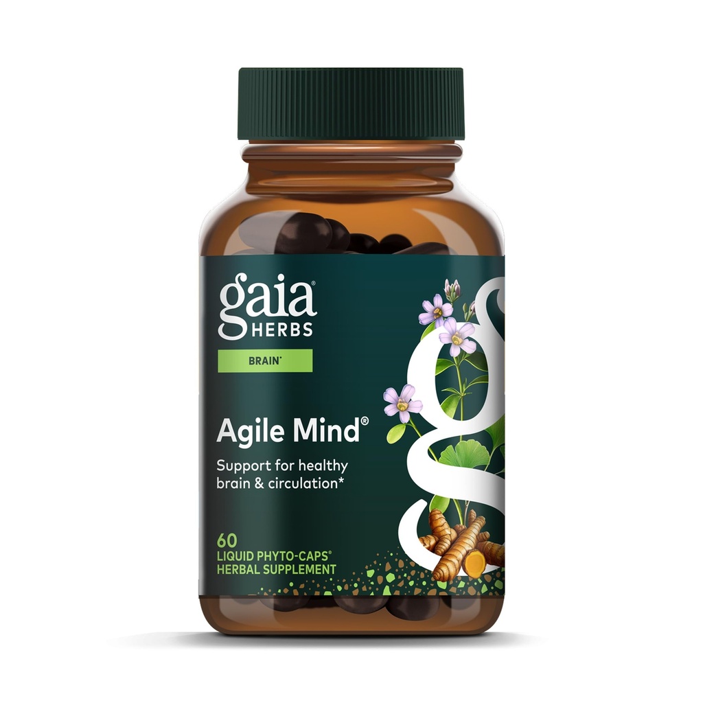 Gaia Herbs Agile Mind - Brain & Cognitive Support Herbal Integratori - con Radice Turmerica Organica, Bacopa, Pepe Nero, e Ginkgo Biloba - 60 Vegan Liquid Phyto-Capsules (30-Day Supply)