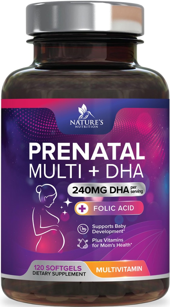 Vitamine Prenatali con Acido Folico & DHA, Supporto per lo sviluppo del cervello fetale con Folate & Omega 3's, Multivitamina Prenatale per le donne, Vitamina A, C, D, B6, B12 & Iron, Integratore di gravidanza - 120 Softgels