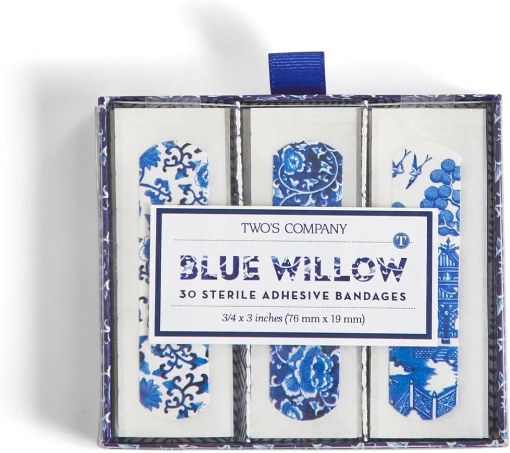 Two's Company 53560 Blue Willow Bandages in Gift Box, 30 pezzi, lunghezza 3 pollici, plastica, bianco
