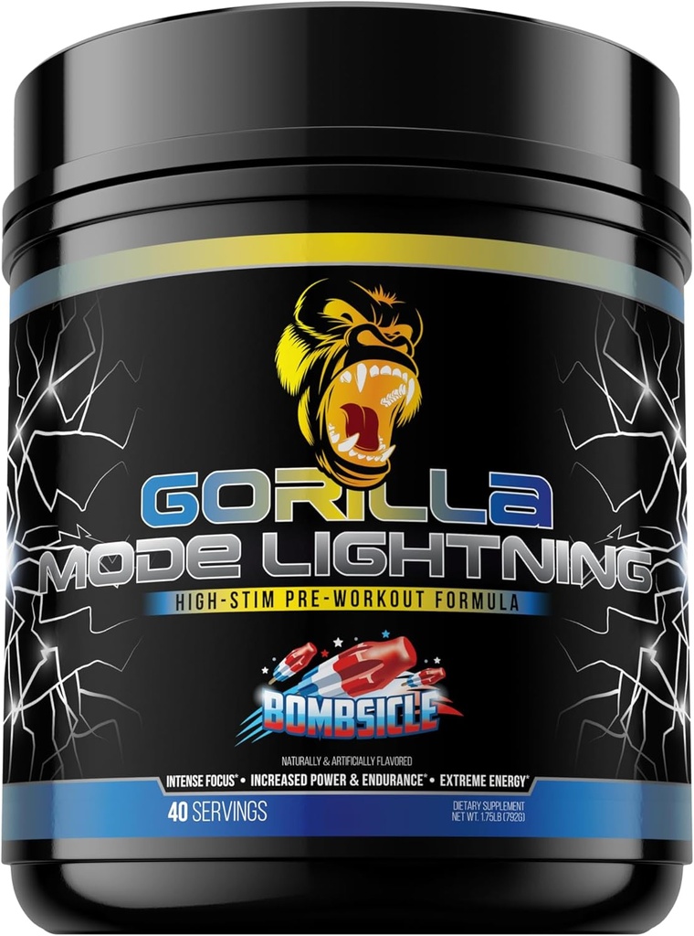 Gorilla Mode Lightning Pre-Workout - Extreme Energy · Laser Focus · Pompe potenti · Peak Performance - 550mg Caffeina, 13500mg L-Tyrosine, Alpha-GPC– 792g (Bombsicle)