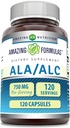Formula stupefacente ALA/ALC (acido alfa lipoico/acetil L-carnitina) Supplemento | 750 Mg per porzione di capsule | Non OGM | Gluten-Free | Made in USA (1 pacchetto, 120 conte)