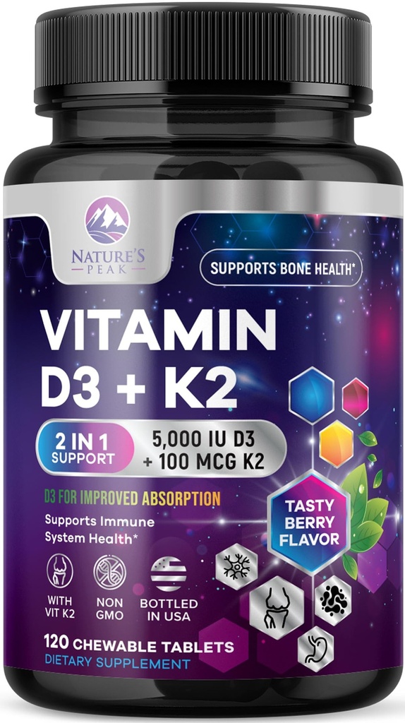 Vitamina D3 K2 - 5000 iu Vitamin D3 & 100 mcg Vitamina K2 (MK-7) Complesso per il supporto immunitario - Bone, denti e supporto per la salute del muscolo - Berry Chewable, Gluten Free, Non-OGM, Bottigliato negli Stati Uniti - 120 compresse