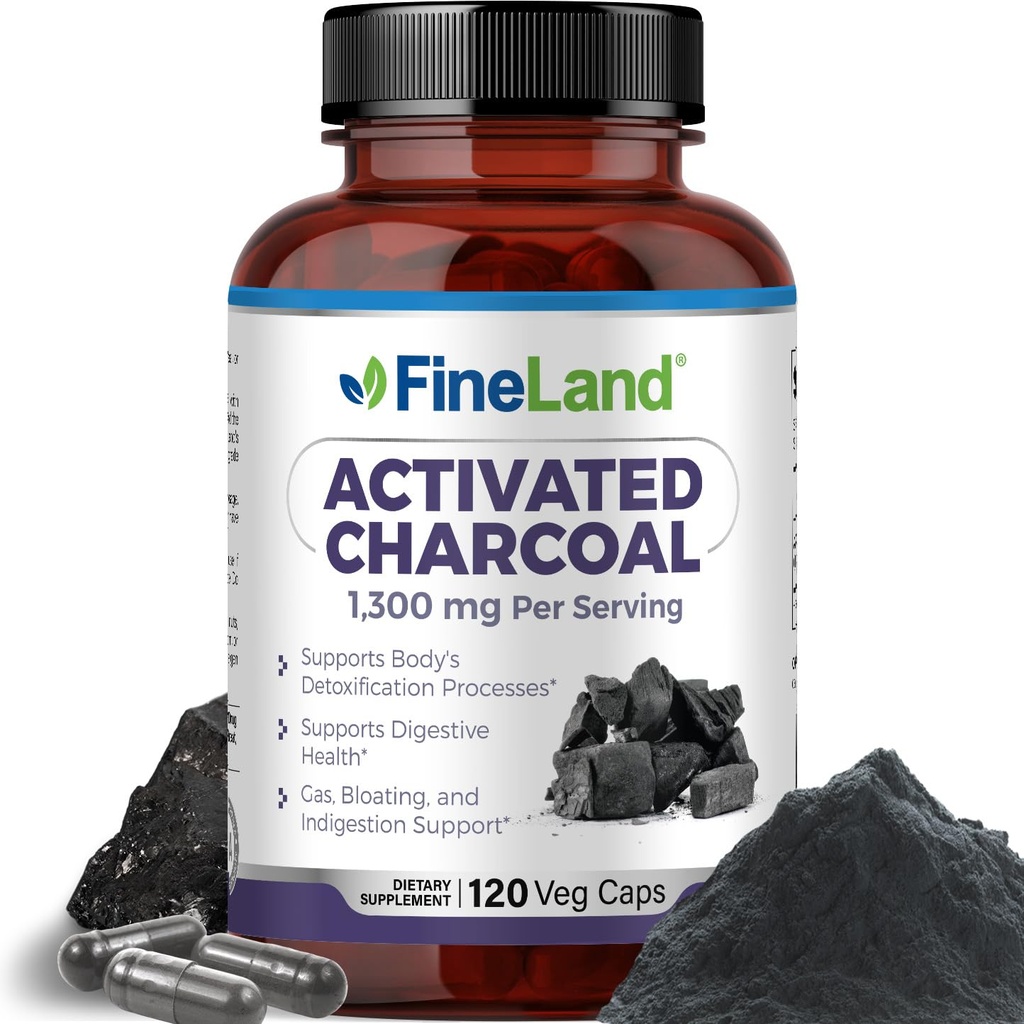 FineLand Activated Charcoal 1300mg - Advanced Digestive Detox Cleanse, Aiuta con Gas e Bloating, Circulation & Cholesteroal Support - Made in USA, 120 Vegan Pills