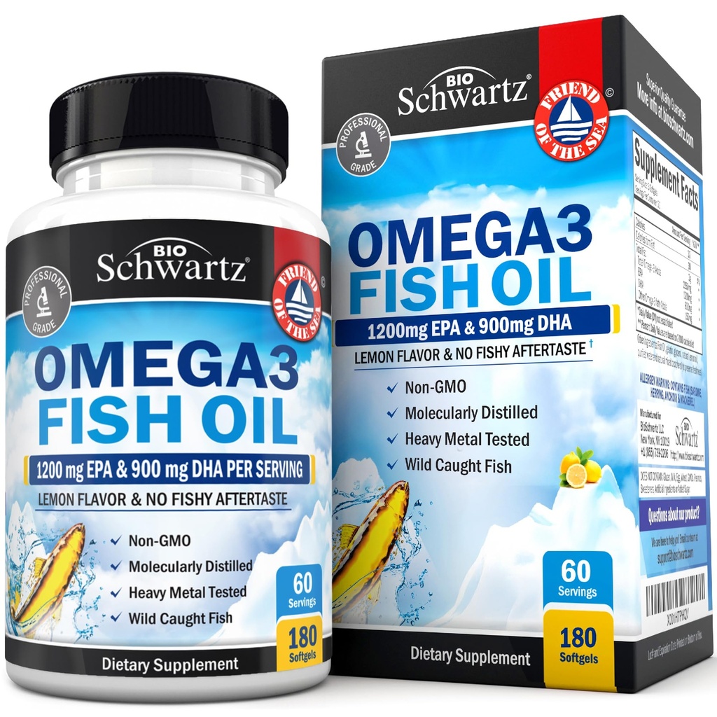 Triple Strength Omega 3 Fish Oil Supplement - 2250mg EPA DHA Omega 3 acidi grassi da pesce fresco selvatico, Burpless Lemon Flavor Formula Supporta la salute degli occhi e di più, Gluten Free, 180 Softgels